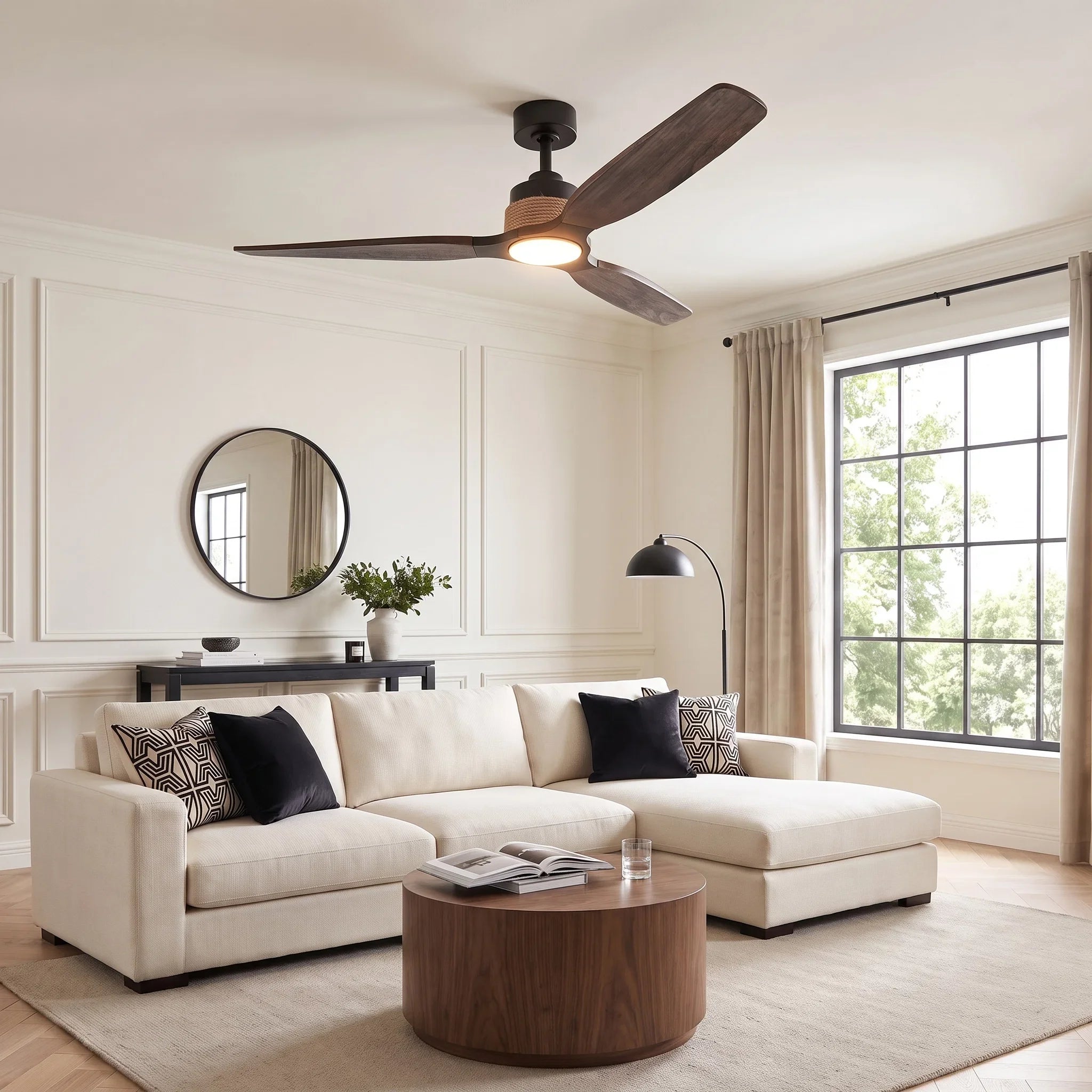 Ventilateur de plafond Louise noir mat Ø142 cm avec éclairage LED et pales en bois massif 100 %