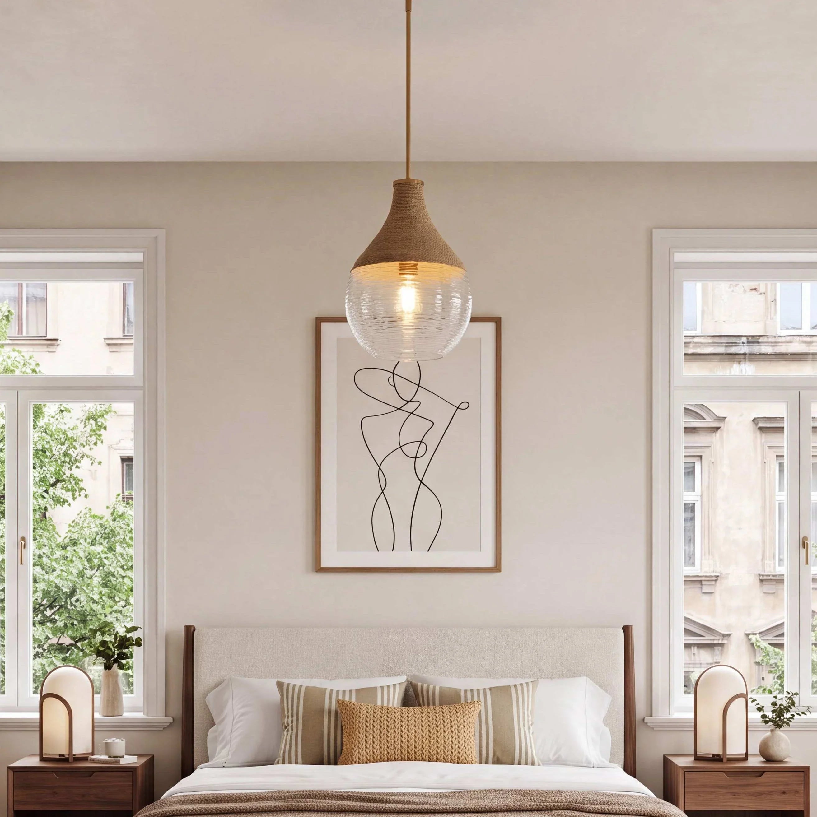 Suspension texturée en corde de chanvre et verre Ø33cm
