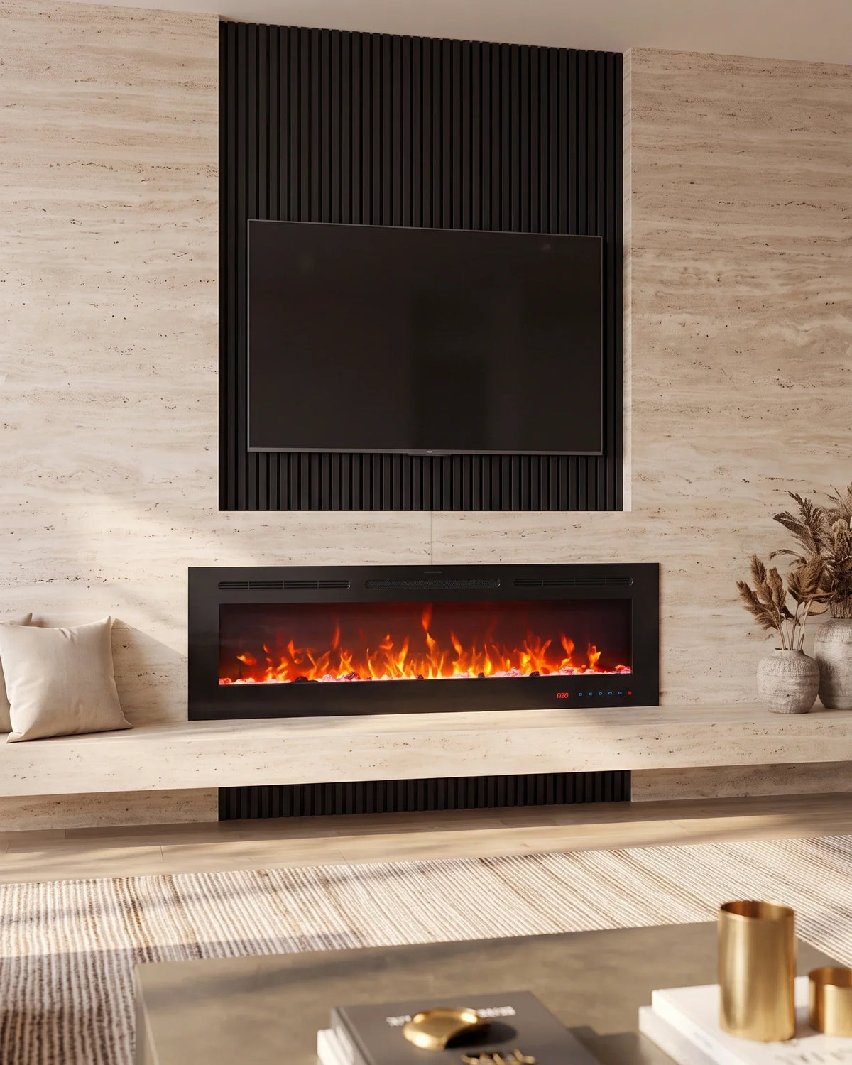 Modern electric fireplace with vibrant flames, mounted TV, and sleek stone wall design