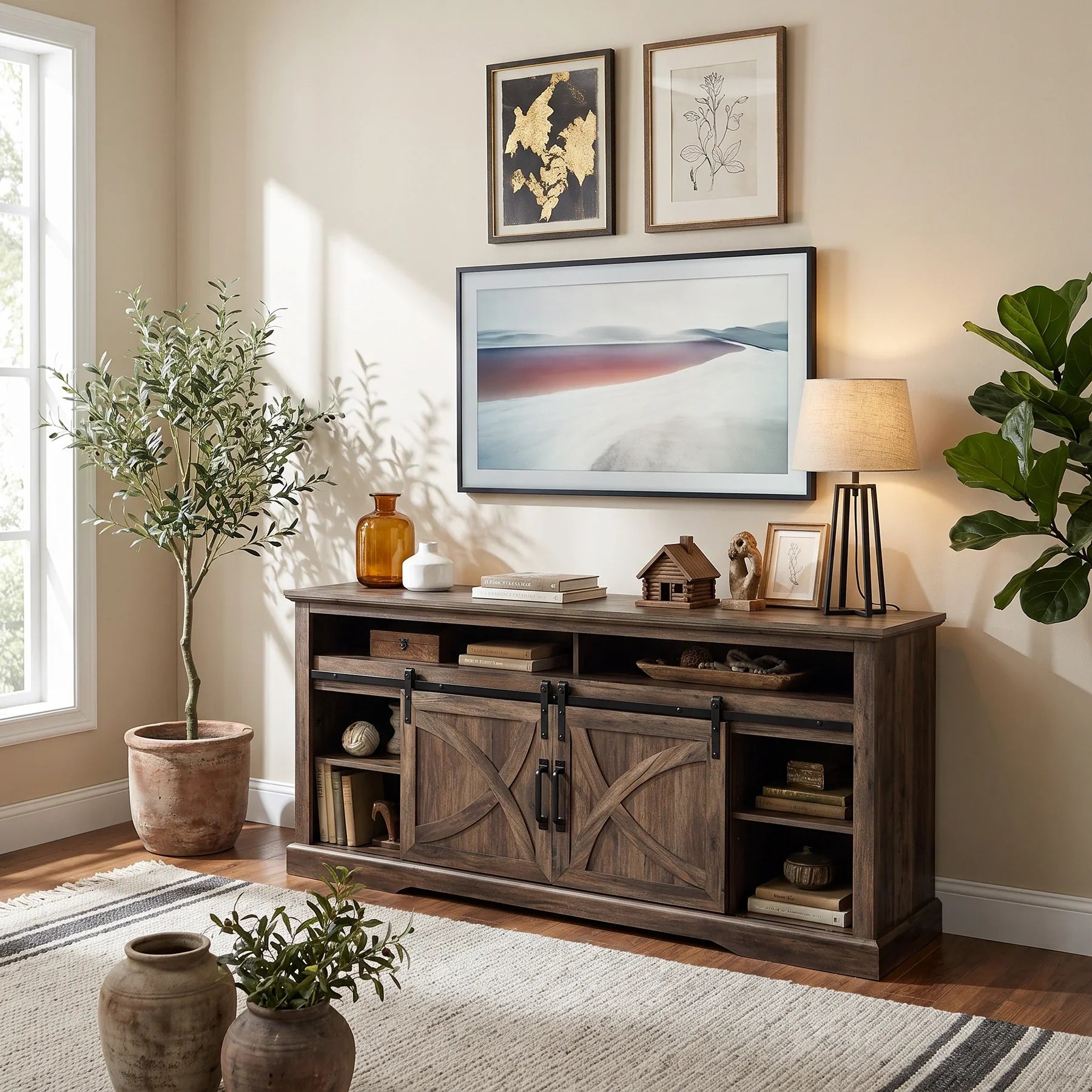 Rowan 173cm/68" Farmhouse Brown TV Stand with 23" Electric Fireplace Inset