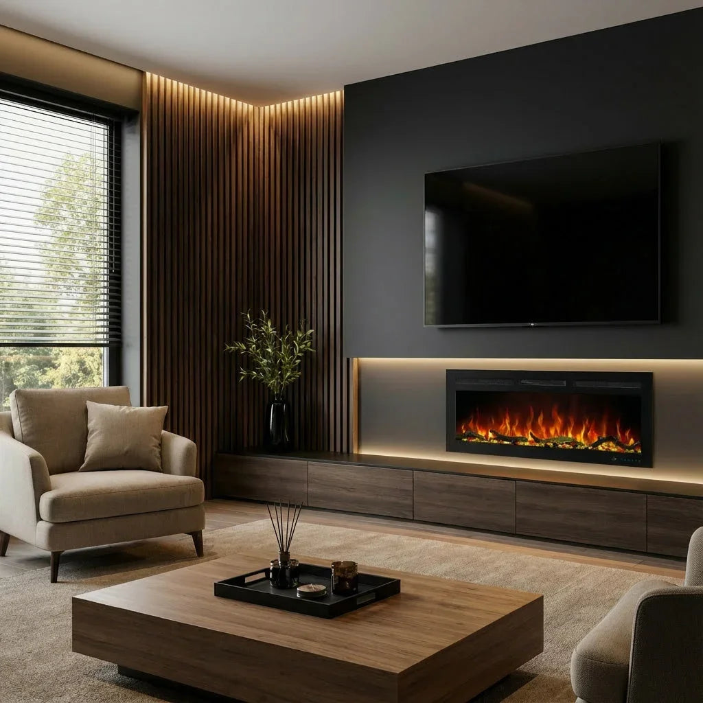 127 cm 50" Cheminée électrique murale multimédia Blazea avec feu électrique intégré à 13 couleurs de flamme avec télécommande 750/1500W
