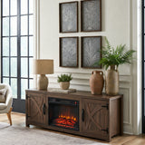 Silvara 147cm Brown TV Stand with Electric Fire, TV Stand with Barn Door, Storage Cabinet with Adjustable Shelves, Fits Up to 65" TVs