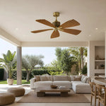 Ventilateur de plafond design en bois avec pales élégantes pour salon moderne