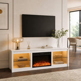 Meuble TV Aruna LED blanc 168 cm avec cheminée électrique, convient aux téléviseurs jusqu’à 75" avec éclairage LED des étagères 