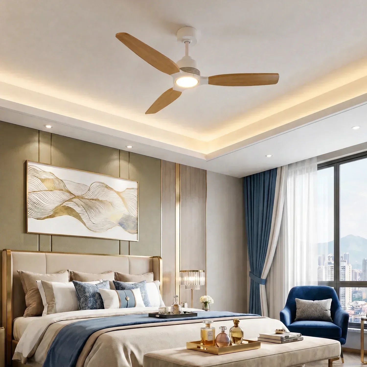 Ventilateur de plafond Louise blanc/bois naturel Ø142 cm avec pales en bois massif 100 %
