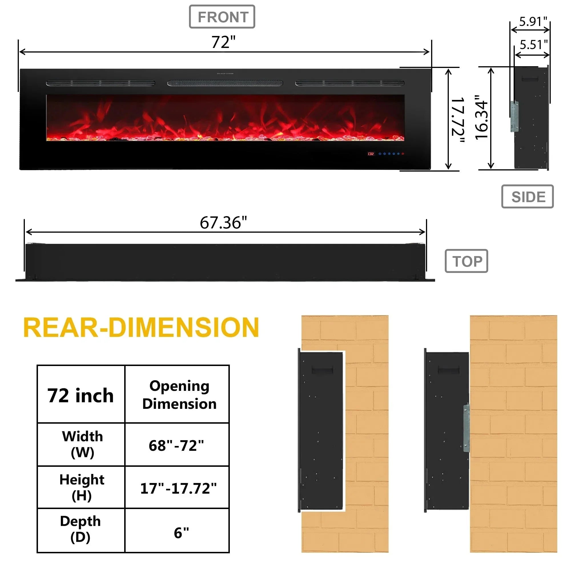 183 cm 72" Celsio feu électrique encastré intégré Hole in the Wall avec 13 couleurs de flamme 750W/1500W