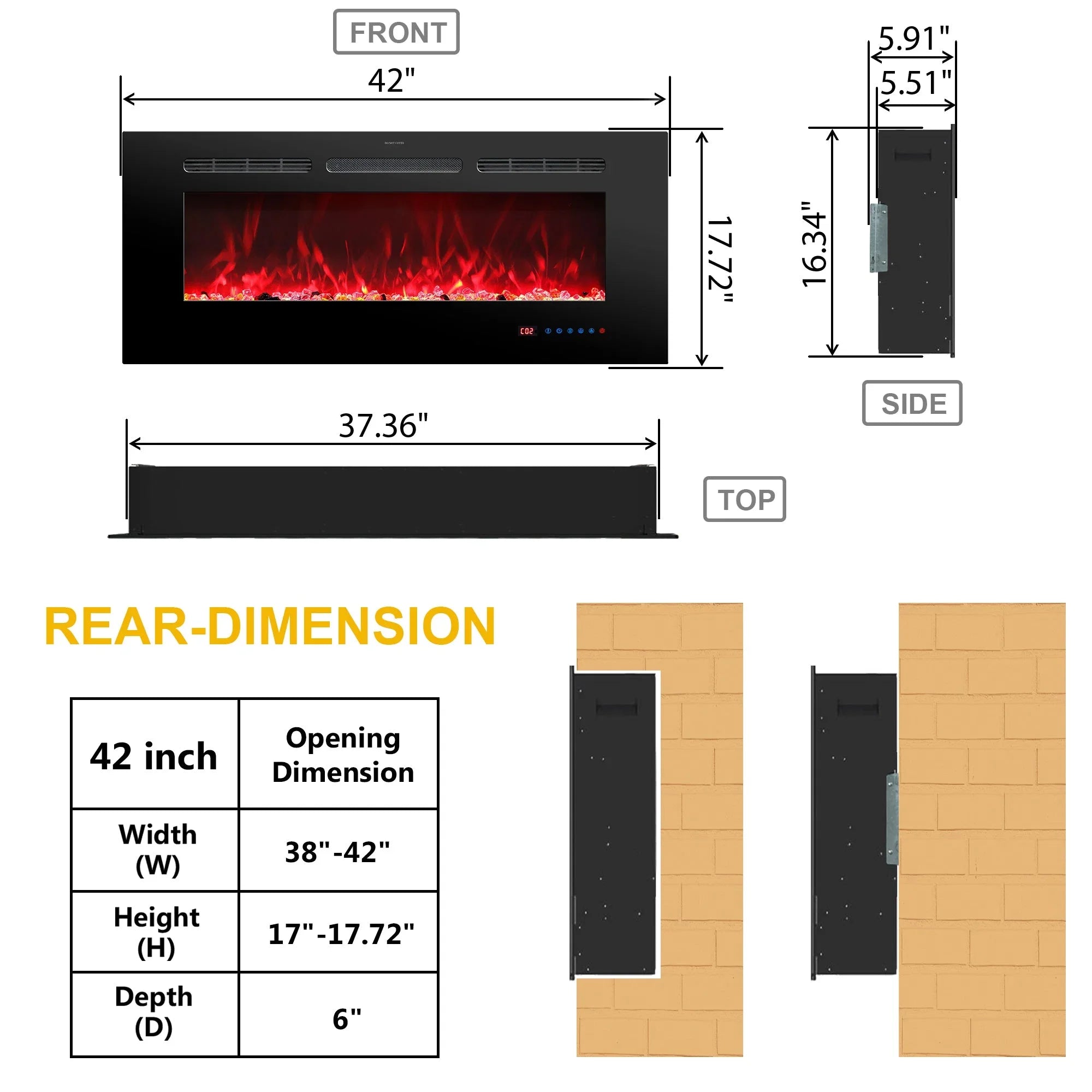 Cheminée électrique encastrable Celsio 106 cm 42" avec 13 couleurs de flammes, montage mural, 750/1500 W