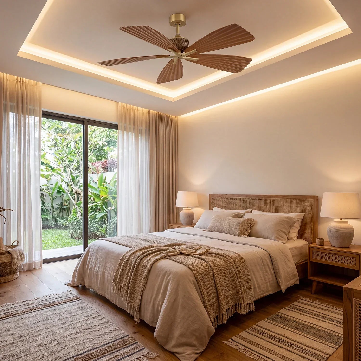 Ventilateur de plafond design avec lames en bois dans une chambre élégante
