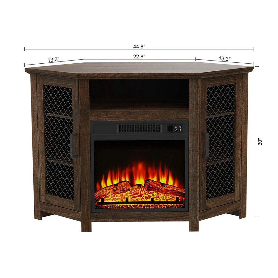 114cm/45" Corner TV Stand with Electric Fire Console Table with 2 Metal Mesh Doors
